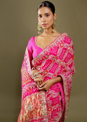 Pink Bandhej Pure Silk Saree Without Blouse Piece