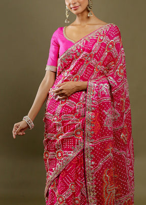 Pink Bandhej Pure Silk Saree Without Blouse Piece