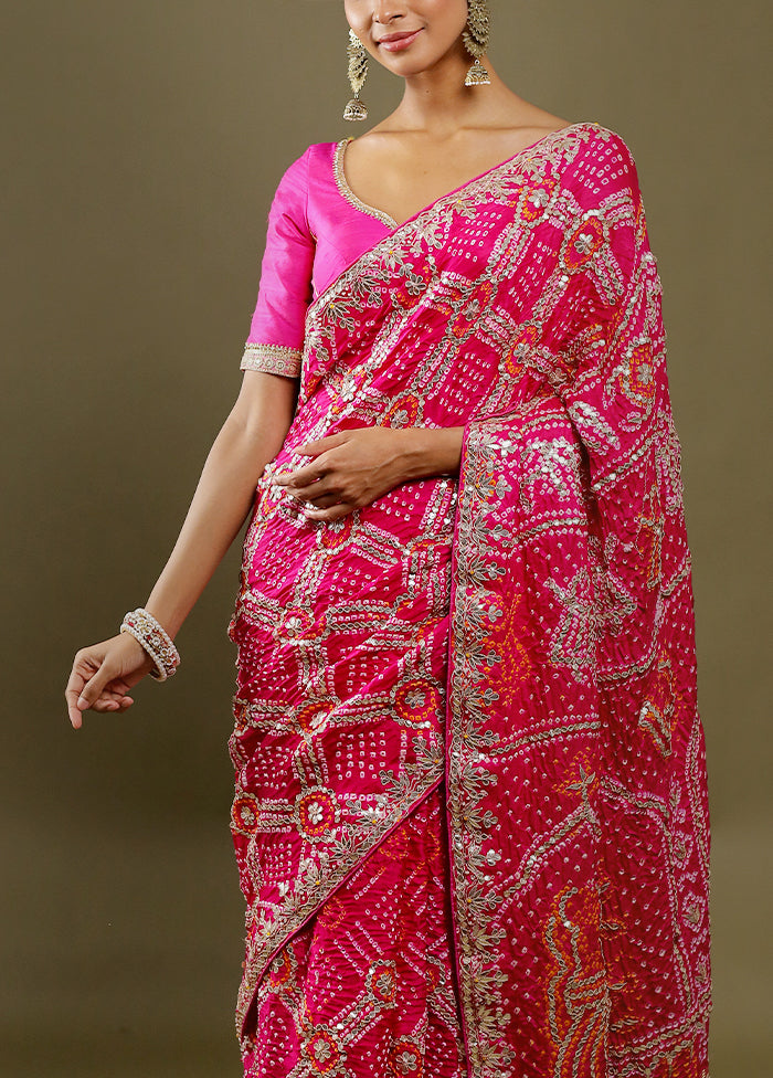 Pink Bandhej Pure Silk Saree Without Blouse Piece