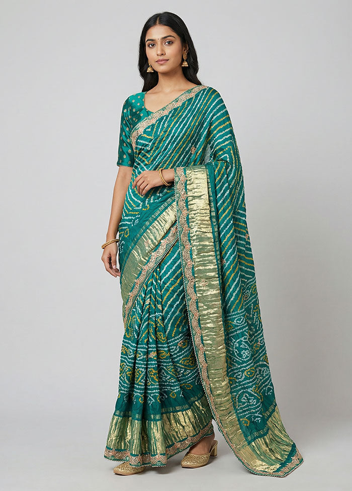 Green Bandhej Silk Saree With Blouse Piece