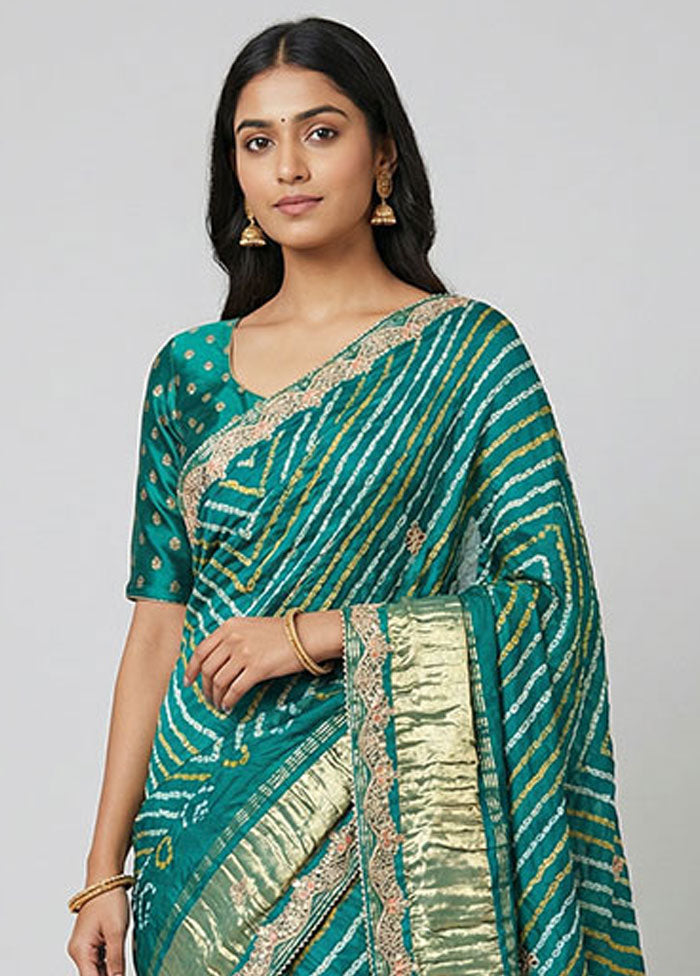 Green Bandhej Silk Saree With Blouse Piece