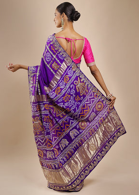 Blue Bandhej Pure Silk Saree Without Blouse Piece