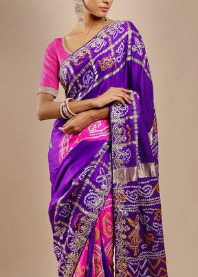 Blue Bandhej Pure Silk Saree Without Blouse Piece