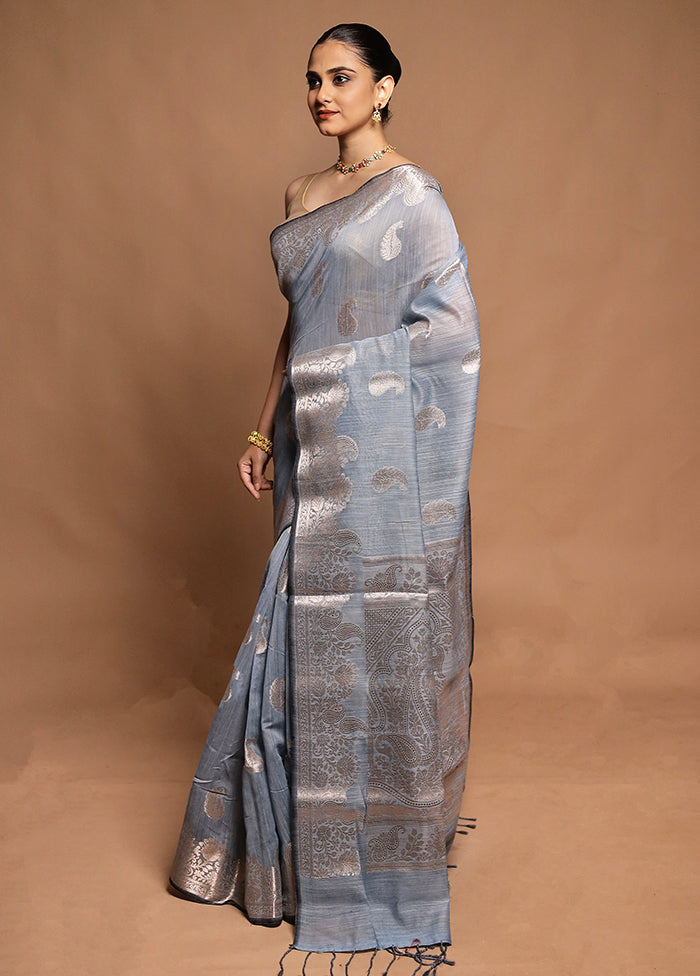 Blue Kora Silk Saree With Blouse Piece