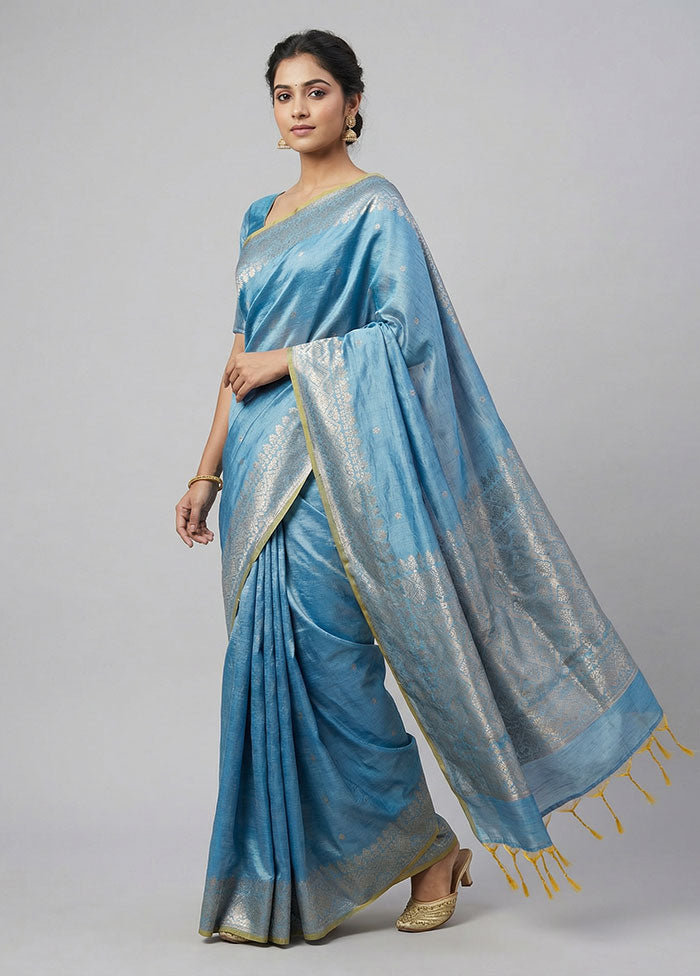 Blue Dupion Silk Saree With Blouse Piece