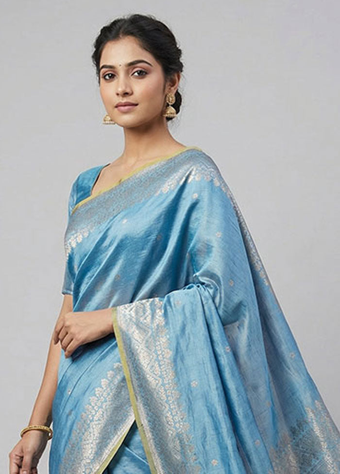 Blue Dupion Silk Saree With Blouse Piece