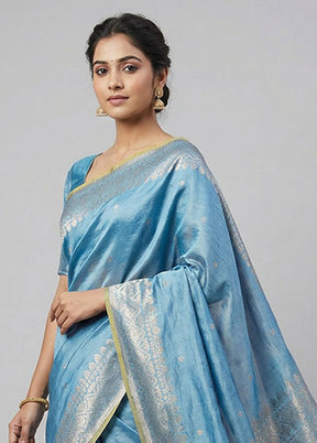 Blue Dupion Silk Saree With Blouse Piece