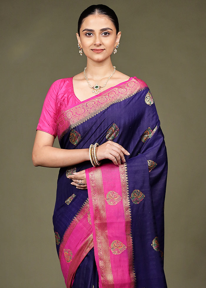 Blue Dupion Silk Saree With Blouse Piece