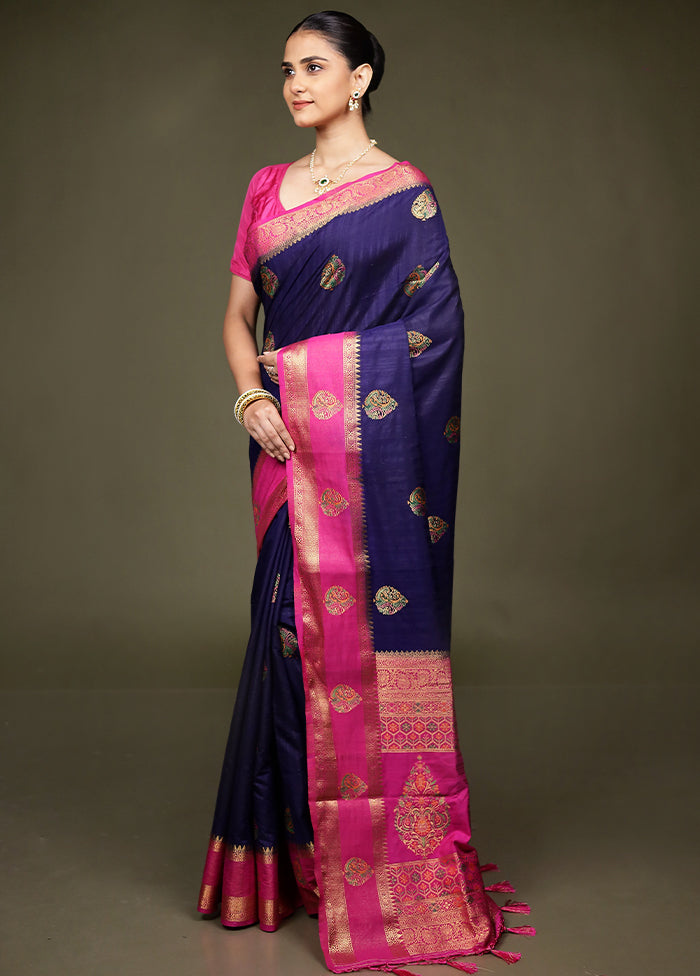 Blue Dupion Silk Saree With Blouse Piece