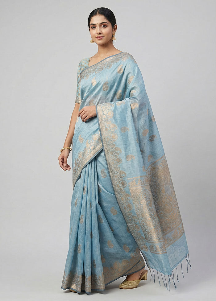 Blue Kora Silk Saree With Blouse Piece