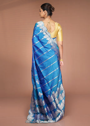 Blue Handloom Katan Pure Silk Saree With Blouse Piece