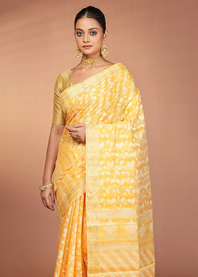 Yellow Kora Silk Saree With Blouse Piece