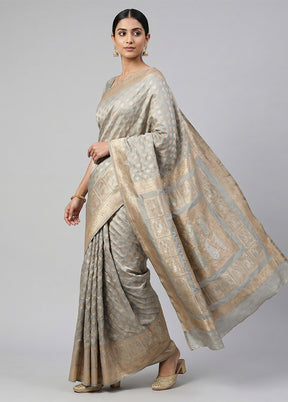 Grey Handloom Uppada Pure Silk Saree With Blouse Piece