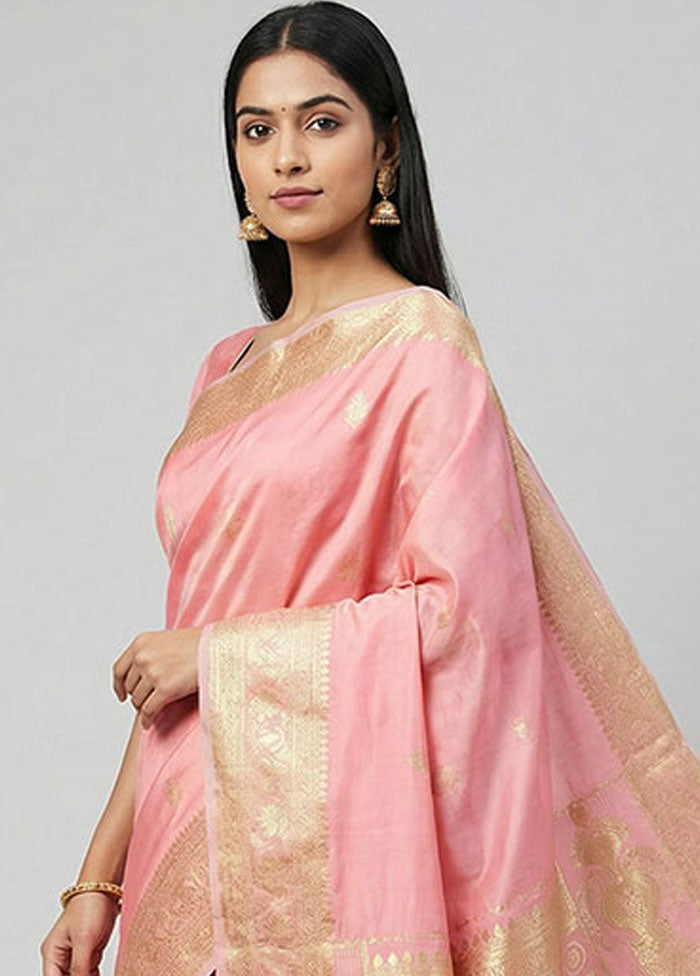 Pink Banarasi Silk Saree With Blouse Piece