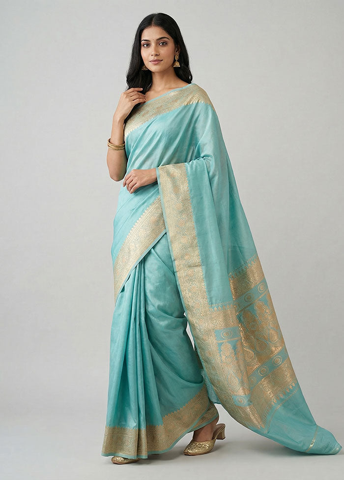 Blue Banarasi Silk Saree With Blouse Piece