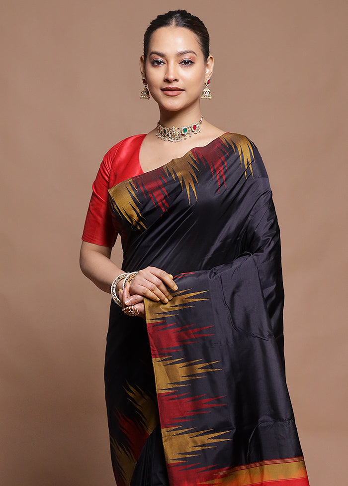 Black Handloom Kanjivaram Pure Silk Saree With Blouse Piece