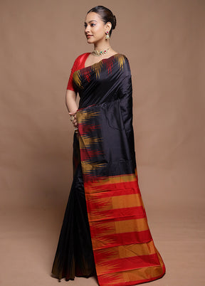 Black Handloom Kanjivaram Pure Silk Saree With Blouse Piece