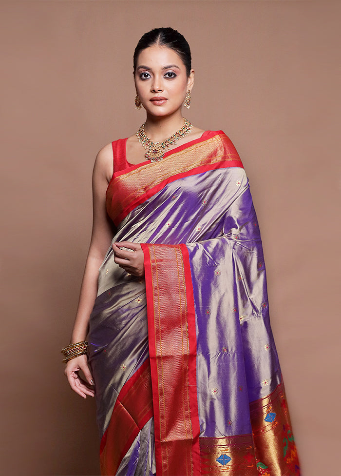 Purple Handloom Kanjivaram Pure Silk Saree With Blouse Piece