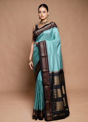 Blue Handloom Kanjivaram Pure Silk Saree With Blouse Piece