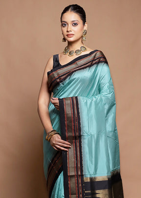 Blue Handloom Kanjivaram Pure Silk Saree With Blouse Piece