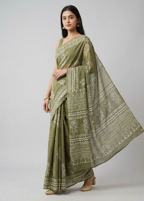 Green Chanderi Cotton Saree With Blouse Piece