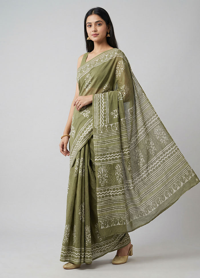 Green Chanderi Cotton Saree With Blouse Piece