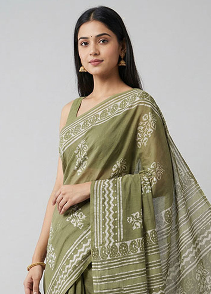 Green Chanderi Cotton Saree With Blouse Piece