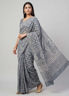 Grey Chanderi Cotton Saree With Blouse Piece