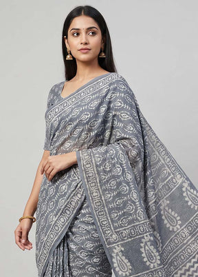 Grey Chanderi Cotton Saree With Blouse Piece