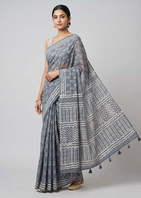 Grey Chanderi Cotton Saree With Blouse Piece