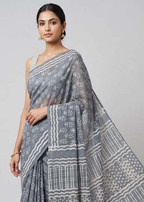 Grey Chanderi Cotton Saree With Blouse Piece