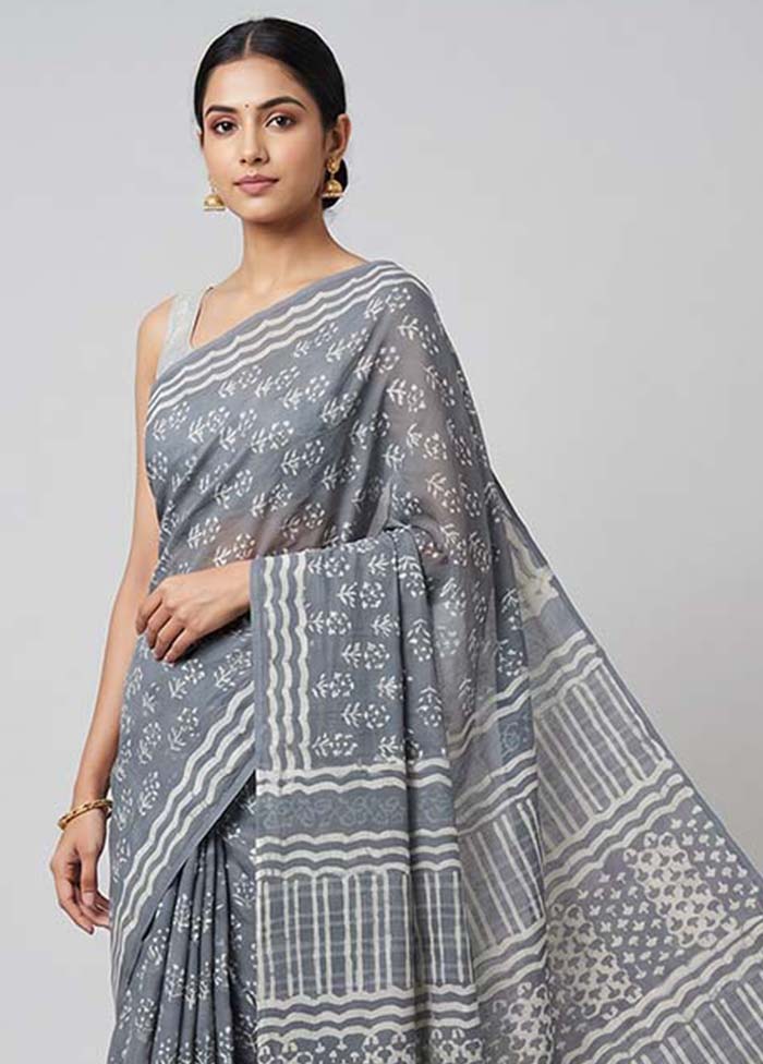 Grey Chanderi Cotton Saree With Blouse Piece