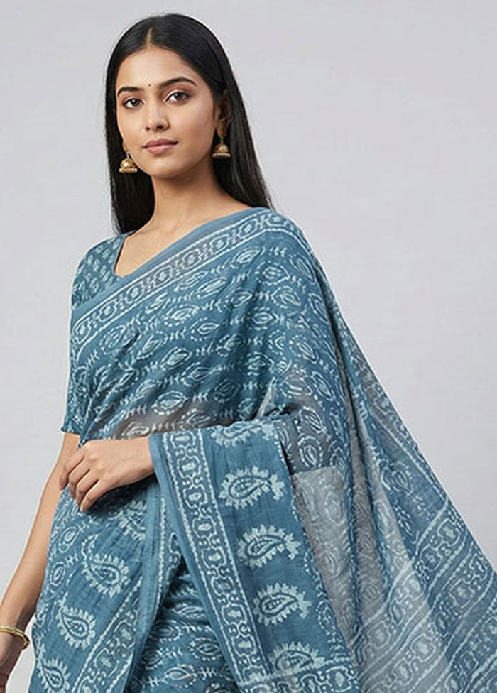 Blue Chanderi Cotton Saree With Blouse Piece
