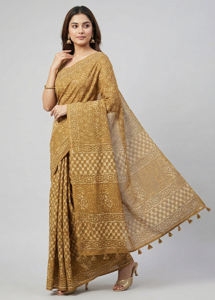 Yellow Chanderi Cotton Saree With Blouse Piece