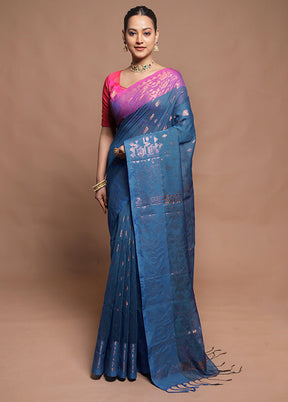 Blue Cotton Saree With Blouse Piece