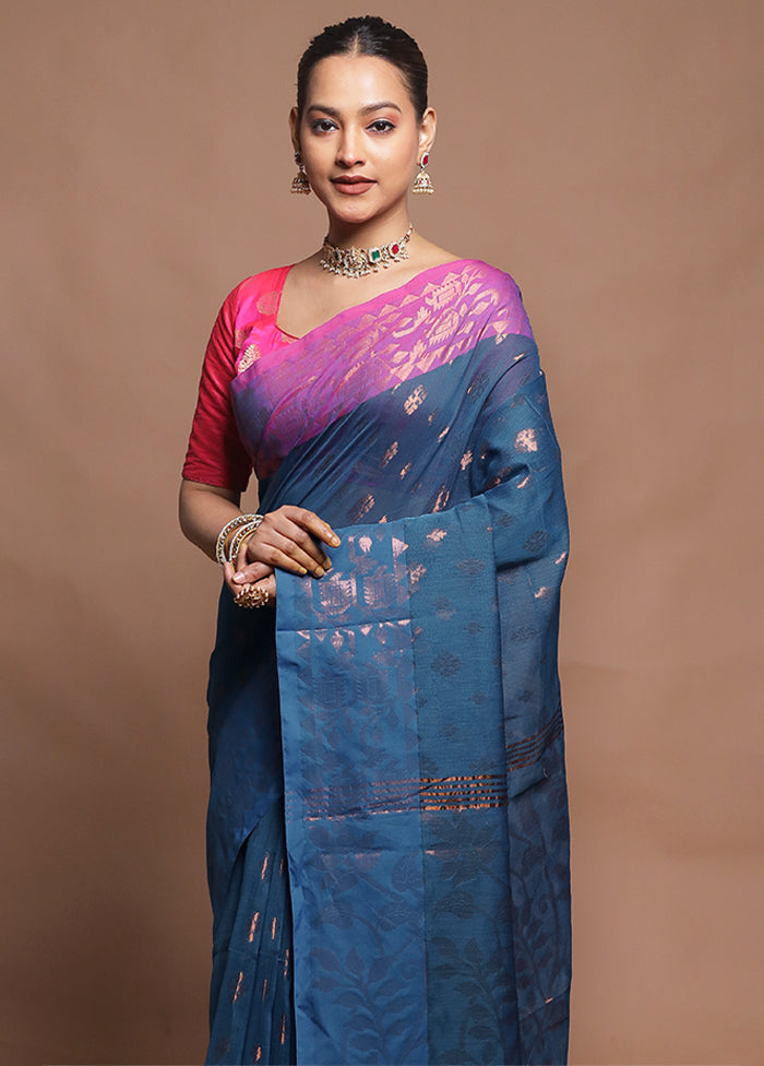 Blue Cotton Saree With Blouse Piece