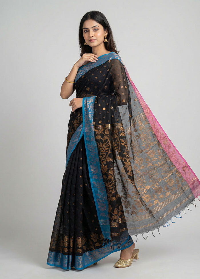 Black Khadi Cotton Saree With Blouse Piece