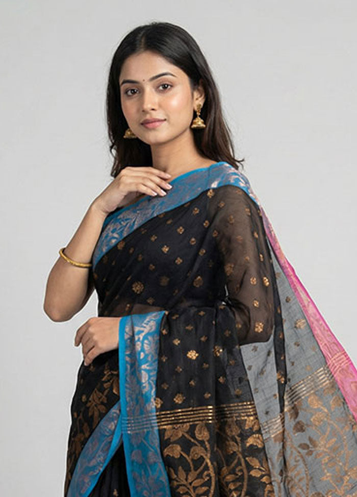 Black Khadi Cotton Saree With Blouse Piece