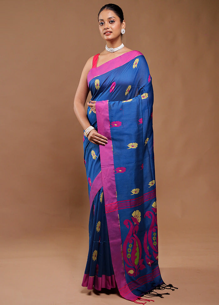 Blue Pure Cotton Saree With Blouse Piece