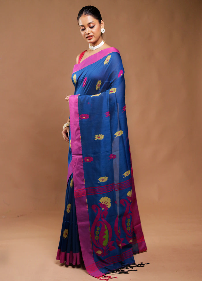 Blue Pure Cotton Saree With Blouse Piece