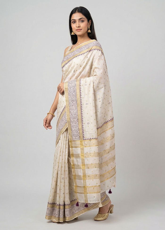 Cream Tussar Silk Saree With Blouse Piece