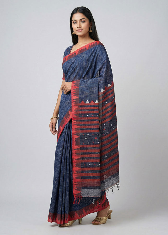 Blue Khadi Cotton Saree With Blouse Piece