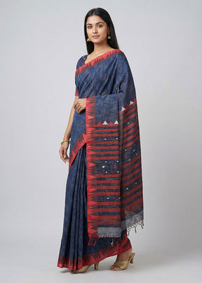 Blue Khadi Cotton Saree With Blouse Piece