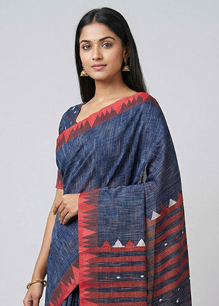 Blue Khadi Cotton Saree With Blouse Piece