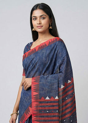 Blue Khadi Cotton Saree With Blouse Piece