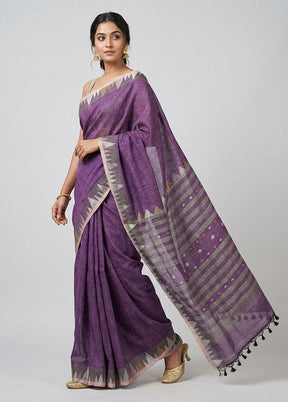 Purple Khadi Cotton Saree With Blouse Piece
