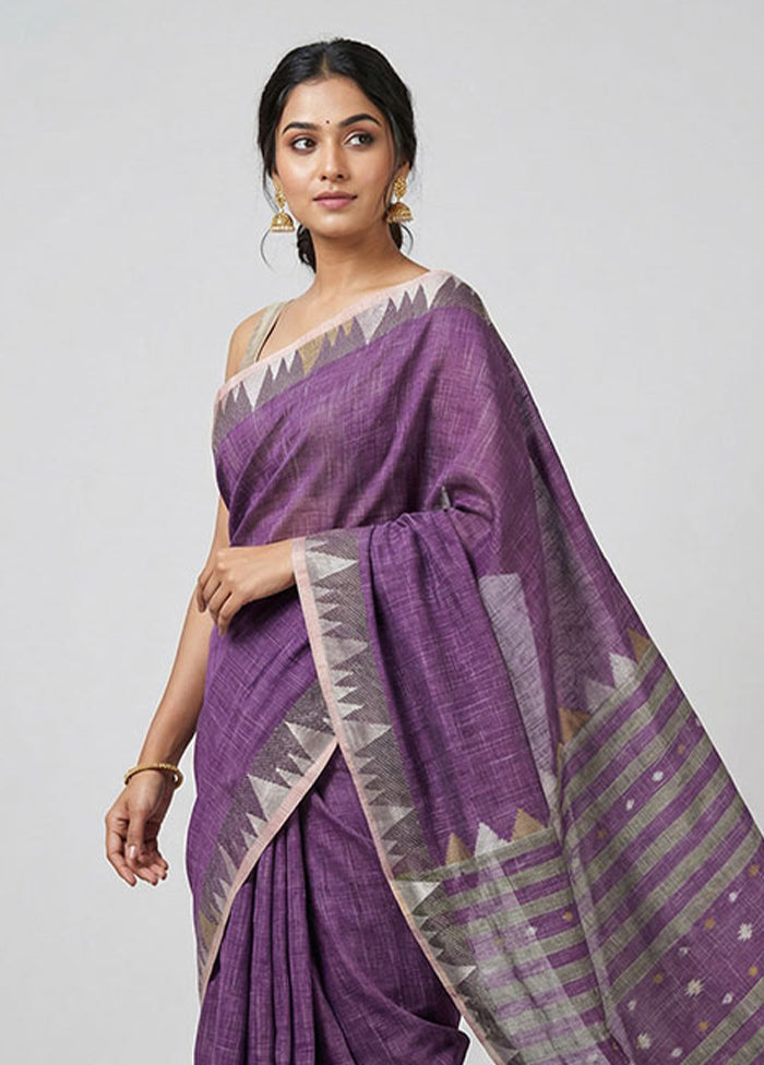 Purple Khadi Cotton Saree With Blouse Piece