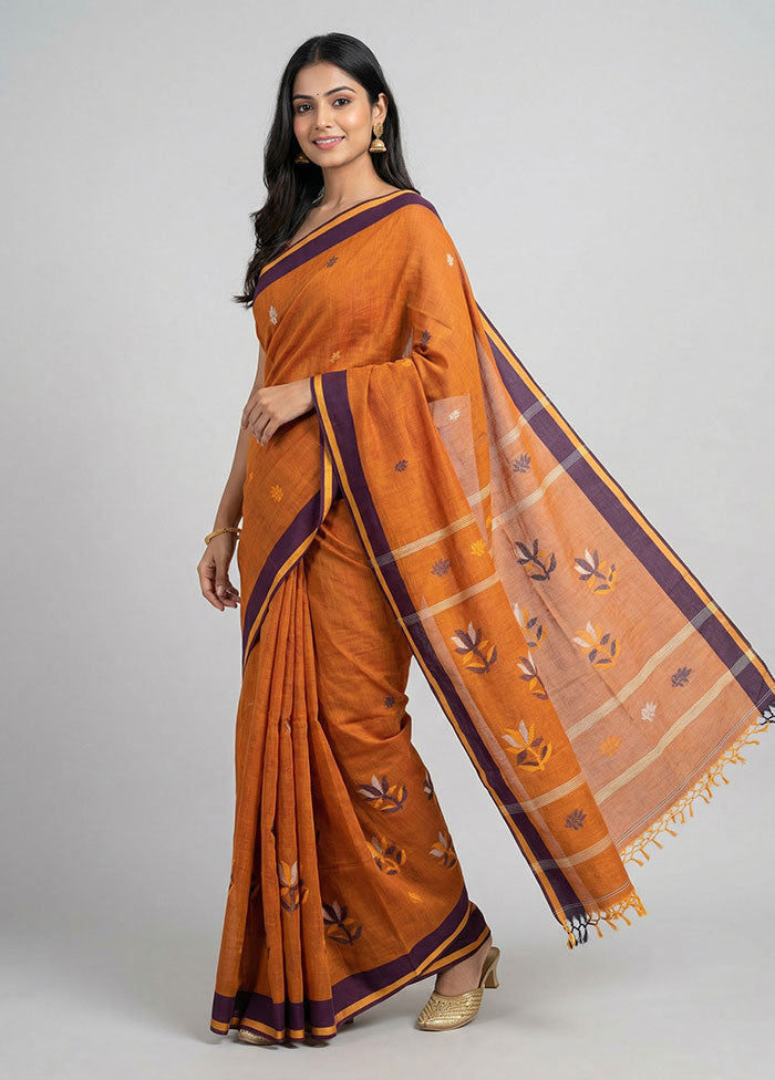 Brown Khadi Cotton Saree With Blouse Piece