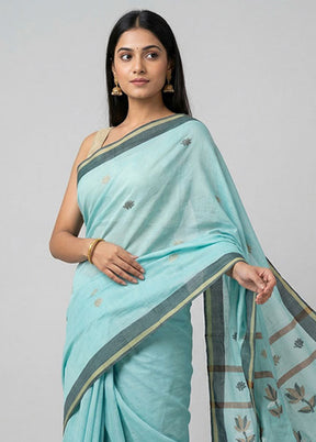 Blue Khadi Cotton Saree With Blouse Piece