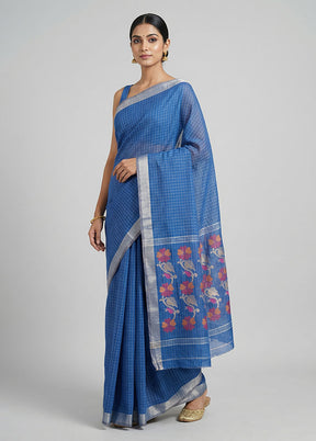 Blue Khadi Cotton Saree With Blouse Piece